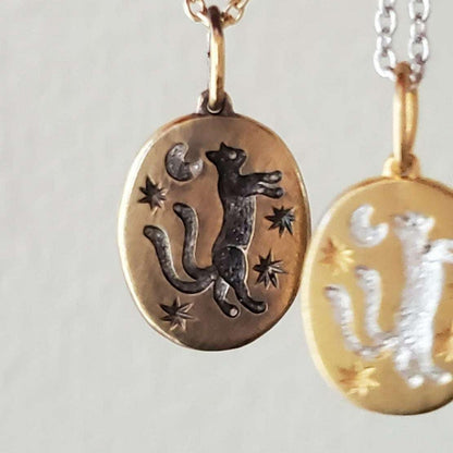 ins handmade moon night cat two-tailed cat mythical element oval tarot card necklace gold-plated 18K - KarmaLucky