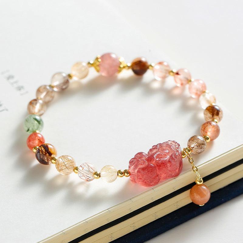 Karma Bracelets - Rutilated Quartz Crystal Pixiu Bracelets, Strawberry Quartz Bracelets, Attract Wealth &amp; Boost Energy, Get Success Bracelets, Women&