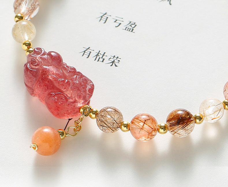 Karma Bracelets - Rutilated Quartz Crystal Pixiu Bracelets, Strawberry Quartz Bracelets, Attract Wealth &amp; Boost Energy, Get Success Bracelets, Women&