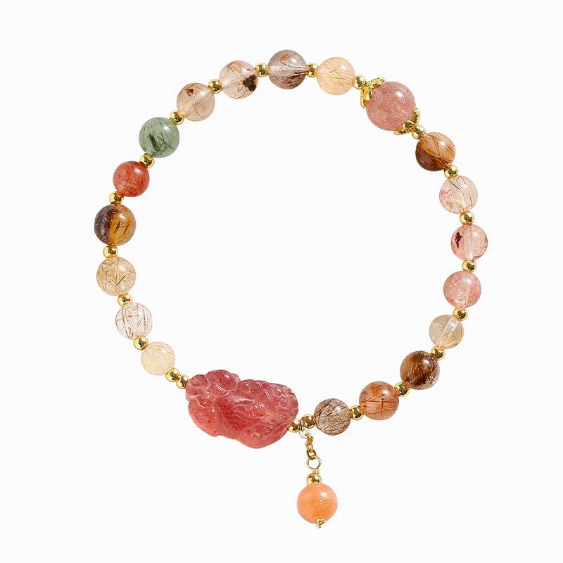 Karma Bracelets - Rutilated Quartz Crystal Pixiu Bracelets, Strawberry Quartz Bracelets, Attract Wealth &amp; Boost Energy, Get Success Bracelets, Women&