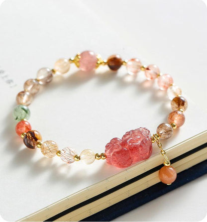 Karma Bracelets - Rutilated Quartz Crystal Pixiu Bracelets, Strawberry Quartz Bracelets, Attract Wealth &amp; Boost Energy, Get Success Bracelets, Women&