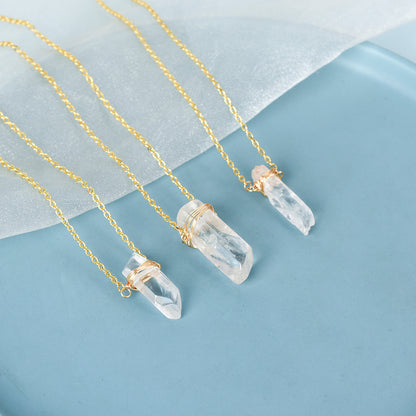 Natural White Crystal Column Pendant Wrapped Around Wire and Irregular Stone Necklace, Purifying Energy and Balancing Body and Mind.