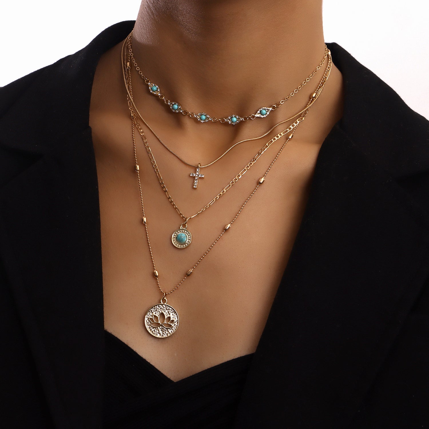 Multi-layer combination necklace, Cross pendant (Hollow lotus, Diamond cross, Turquoise devil&