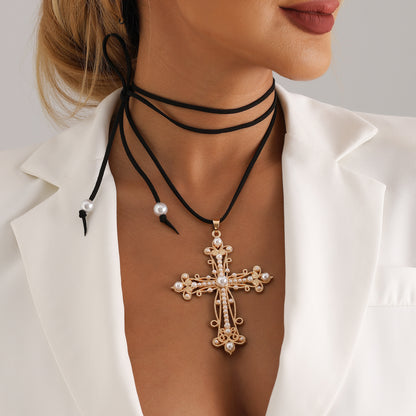 Baroque style inlaid pearl cross pendant, exaggerated cross adjustable rope pendant