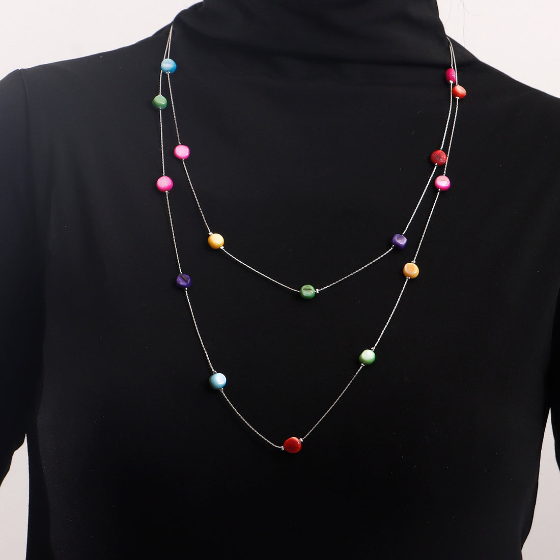 Colorful chakra necklace, metal double chain, colorful zircon necklace for women