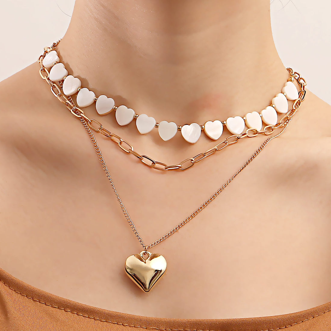 Gold-Plated Heart Necklace, Mother-of-Pearl Heart Necklace, Choker Necklace Set