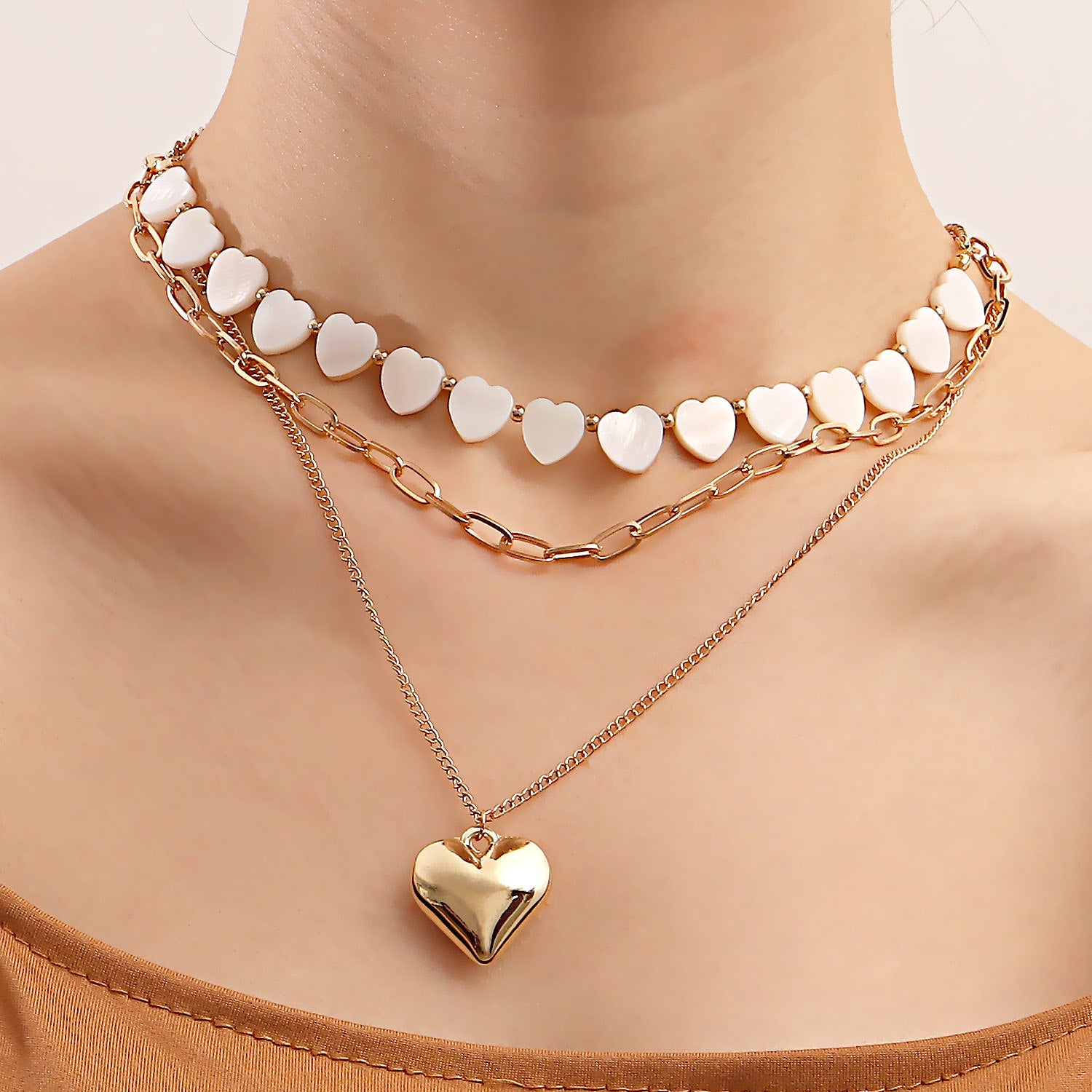 Gold-Plated Heart Necklace, Mother-of-Pearl Heart Necklace, Choker Necklace Set