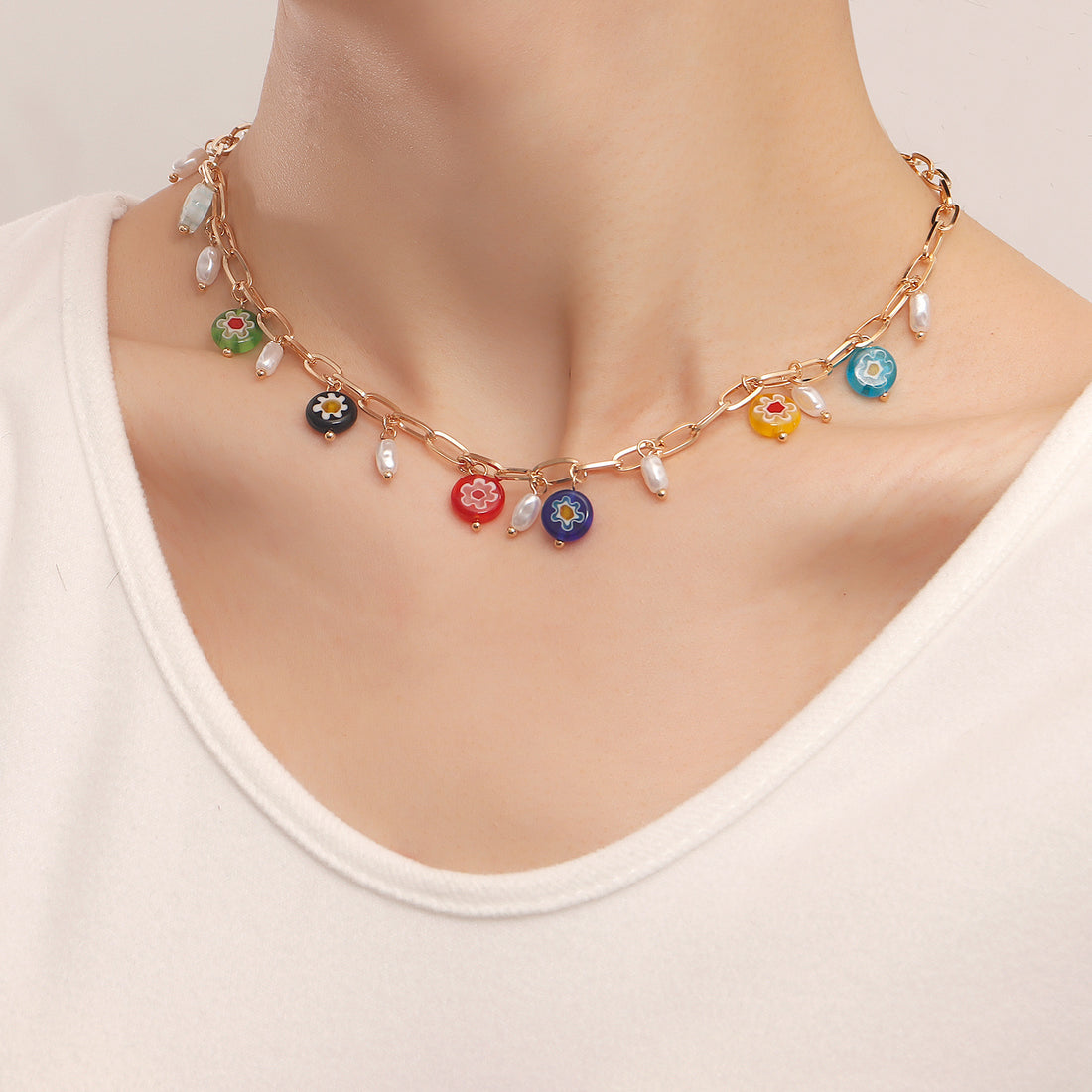 Seven-Color Chakra Necklace, Simple Circular Link Necklace, Women&