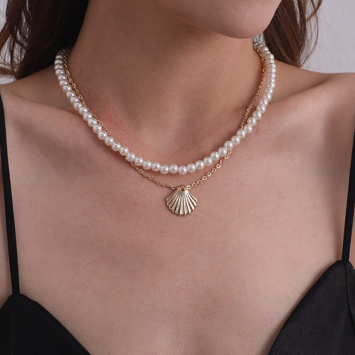 Pearl Necklace with Gold Plated Shell Pendant Set 2 In 1 Set