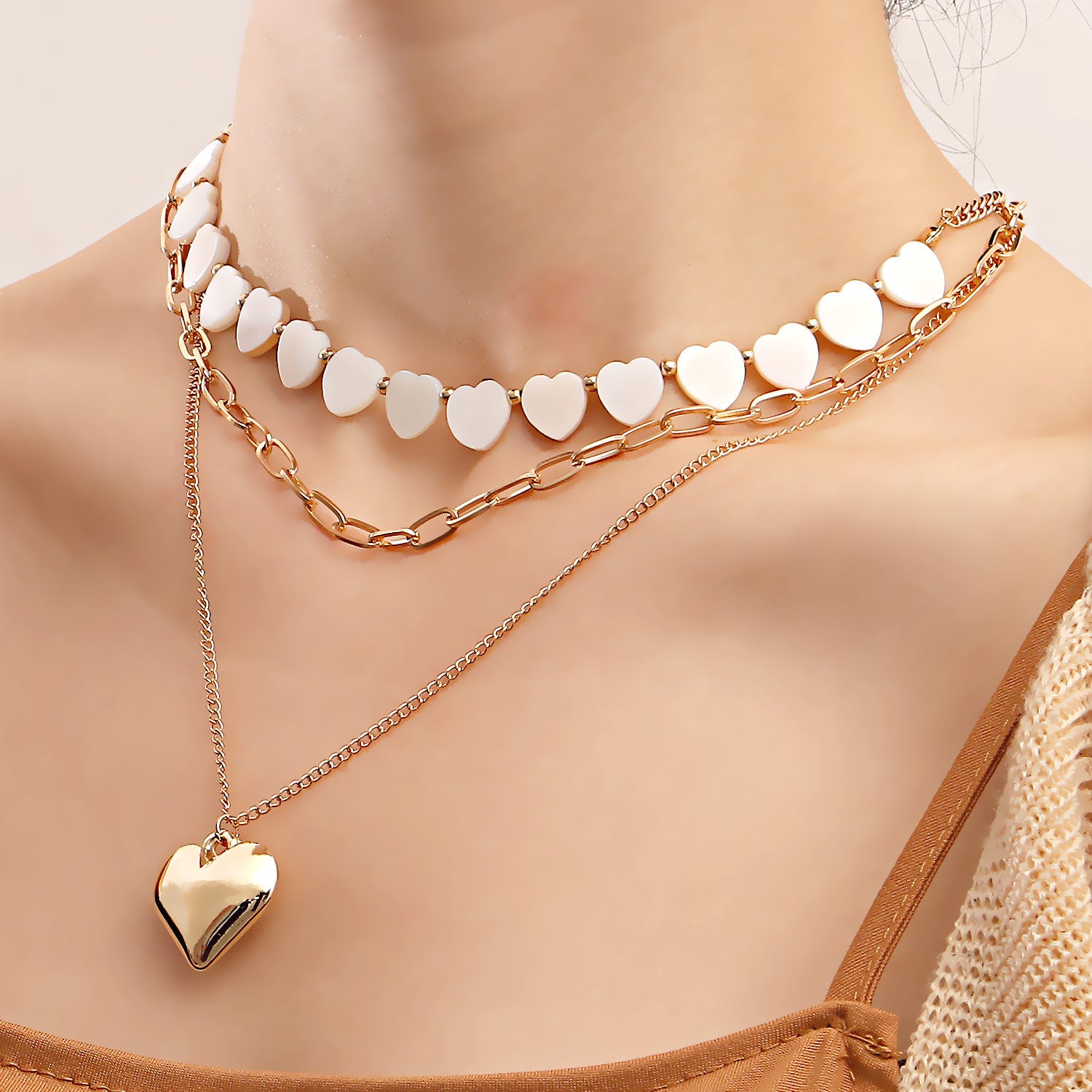 Gold-Plated Heart Necklace, Mother-of-Pearl Heart Necklace, Choker Necklace Set