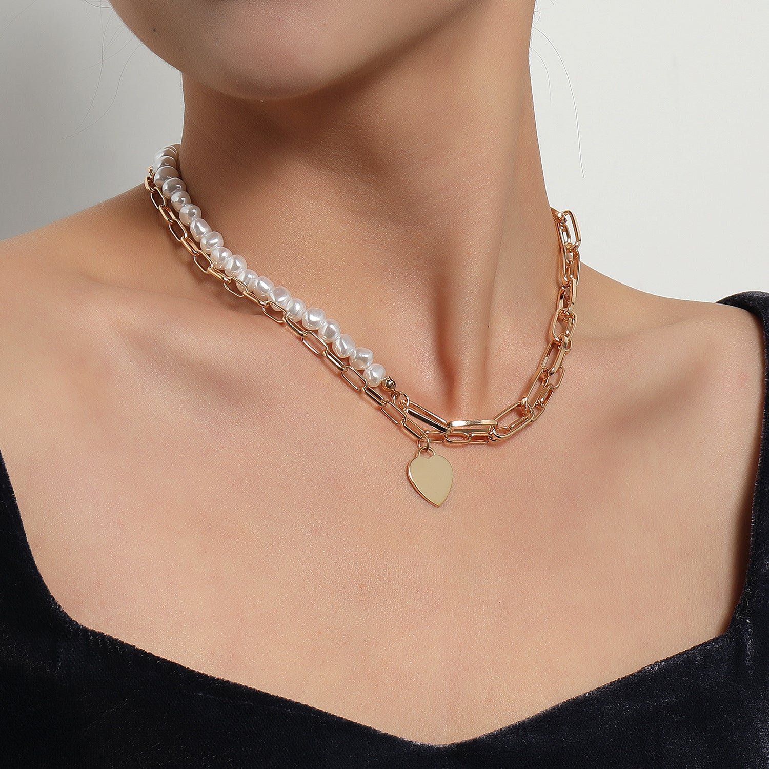 Minimalist heart pendant, pearl &amp; chain gold-plated necklace