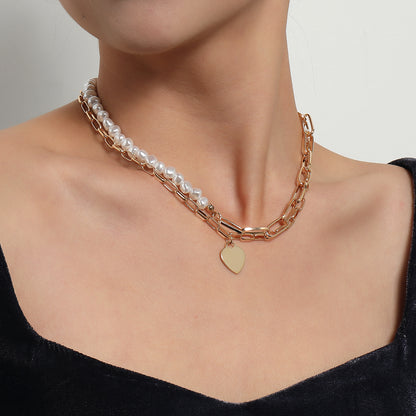 Minimalist heart pendant, pearl &amp; chain gold-plated necklace