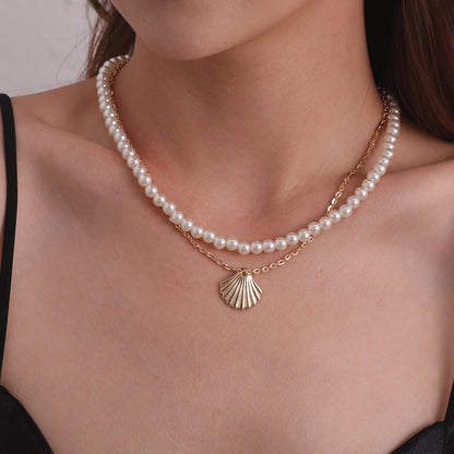 Pearl Necklace with Gold Plated Shell Pendant Set 2 In 1 Set