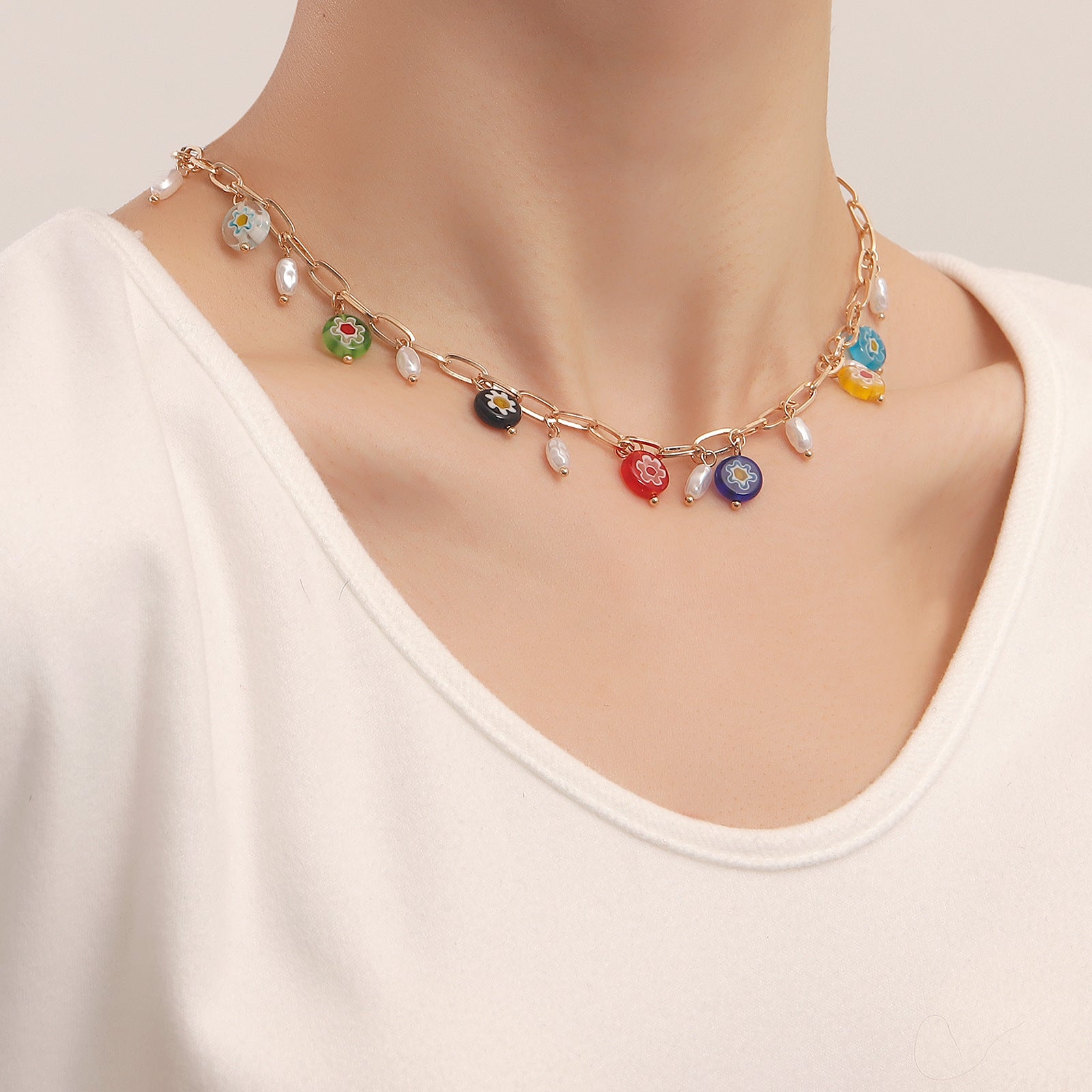 Seven-Color Chakra Necklace, Simple Circular Link Necklace, Women&