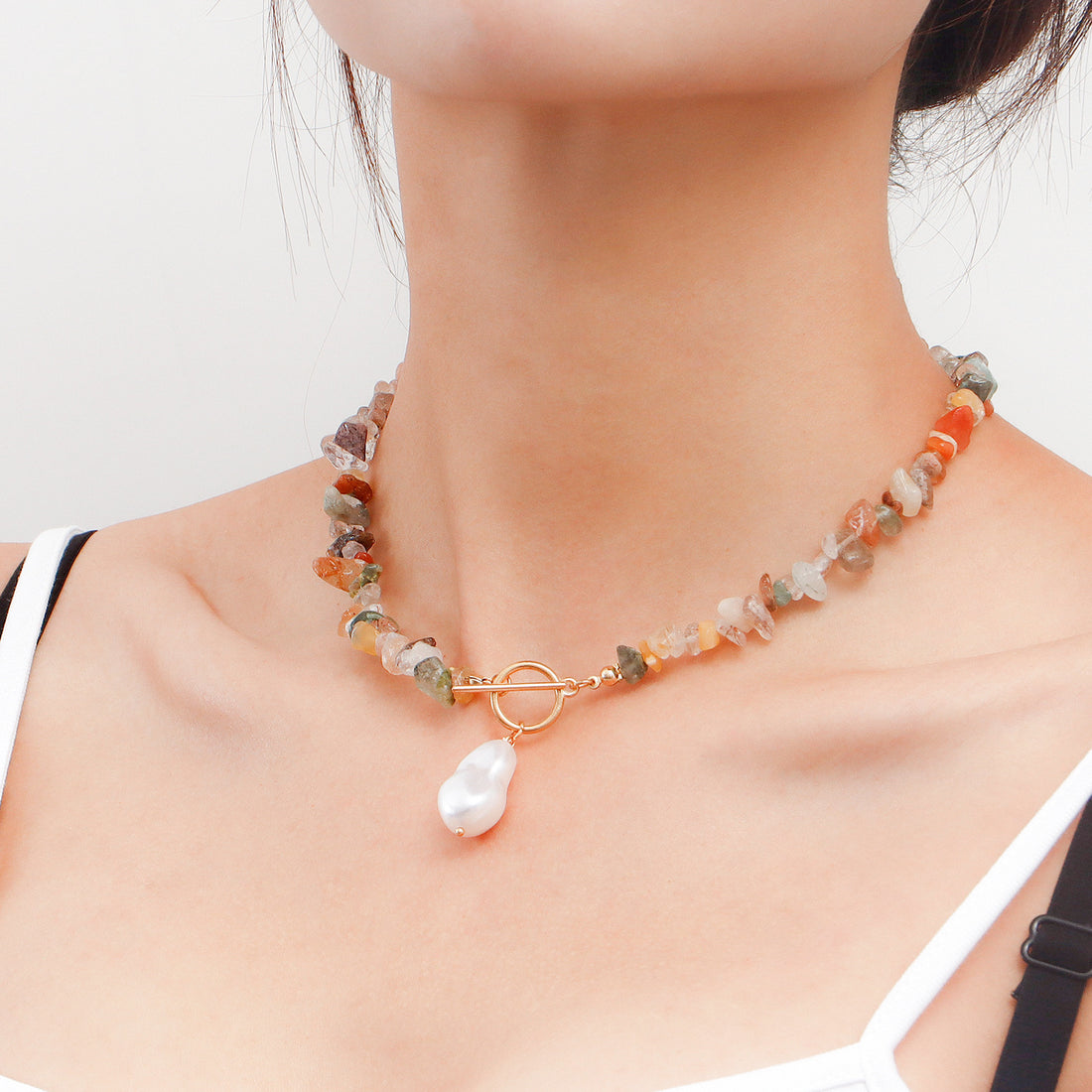 Multicolors crystal necklace, irregular-shaped pearl necklace with an OT clasp, beach-inspired minimalist trendy design.