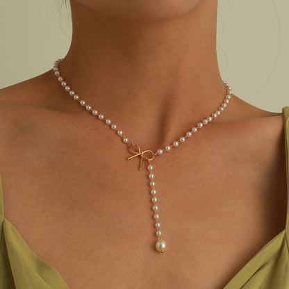 Gold-plated bow, pearl necklace, simple and stylish necklace