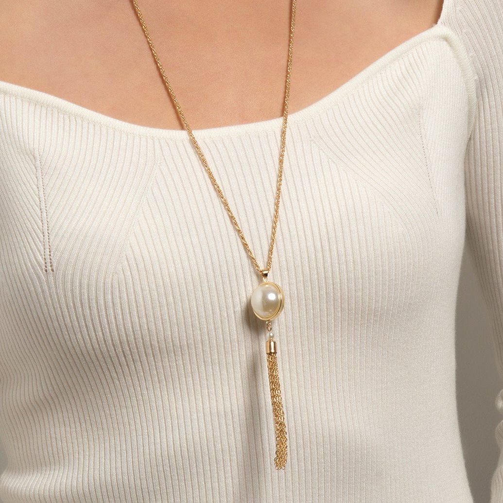 Minimalist design tassel pearl pendant for women, long necklace/sweater chain