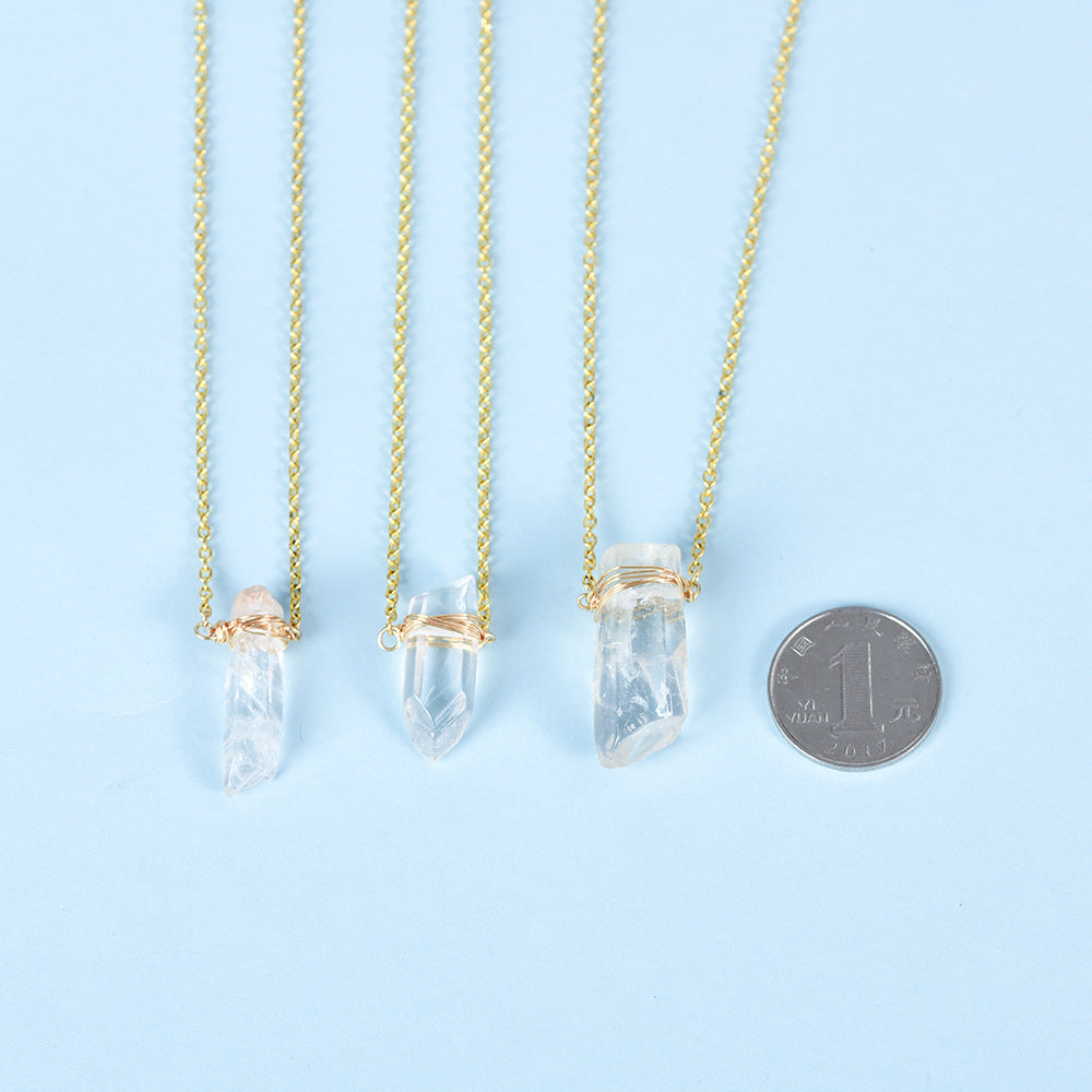 Natural White Crystal Column Pendant Wrapped Around Wire and Irregular Stone Necklace, Purifying Energy and Balancing Body and Mind.