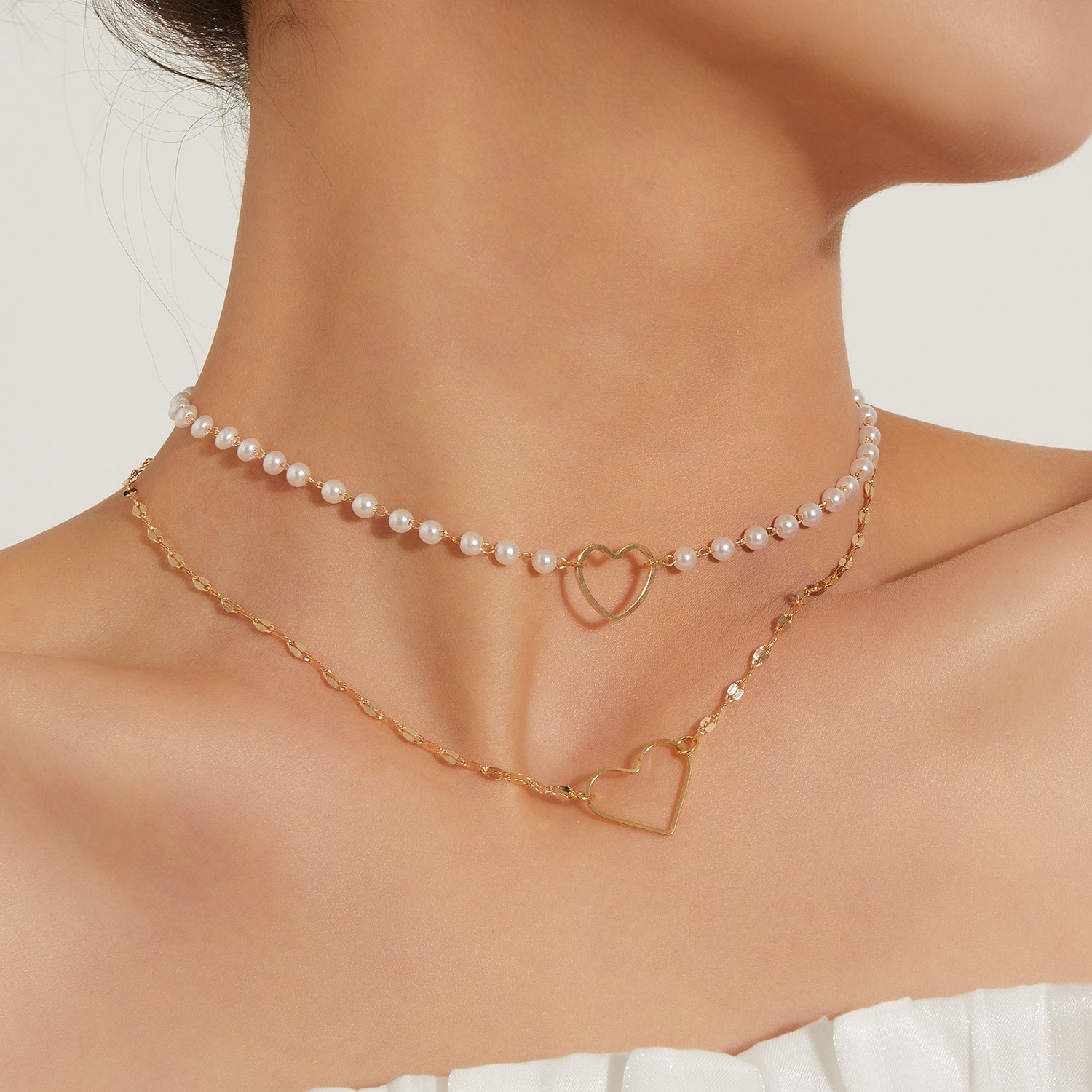 Love heart necklace double chain, pearl style with necklace