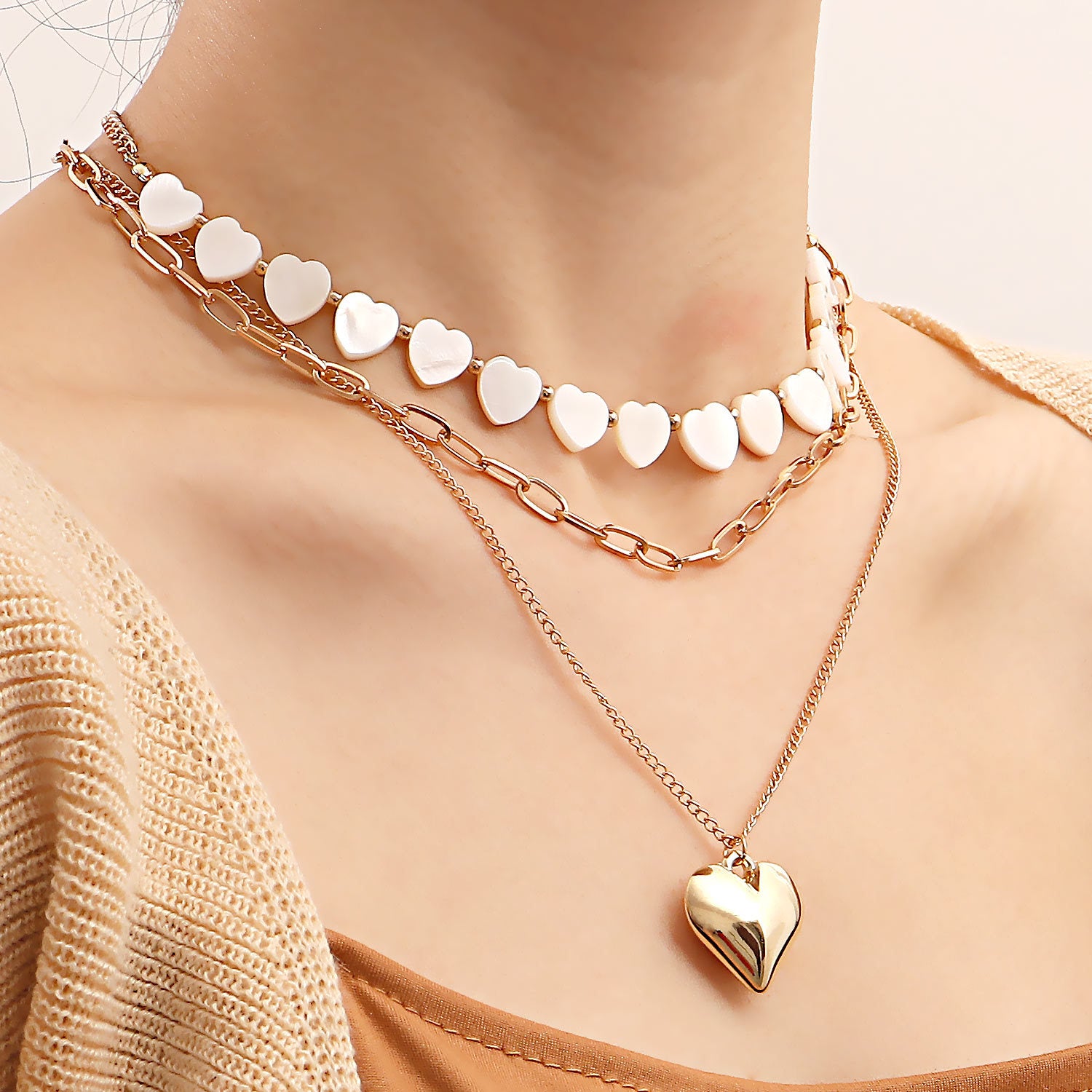 Gold-Plated Heart Necklace, Mother-of-Pearl Heart Necklace, Choker Necklace Set