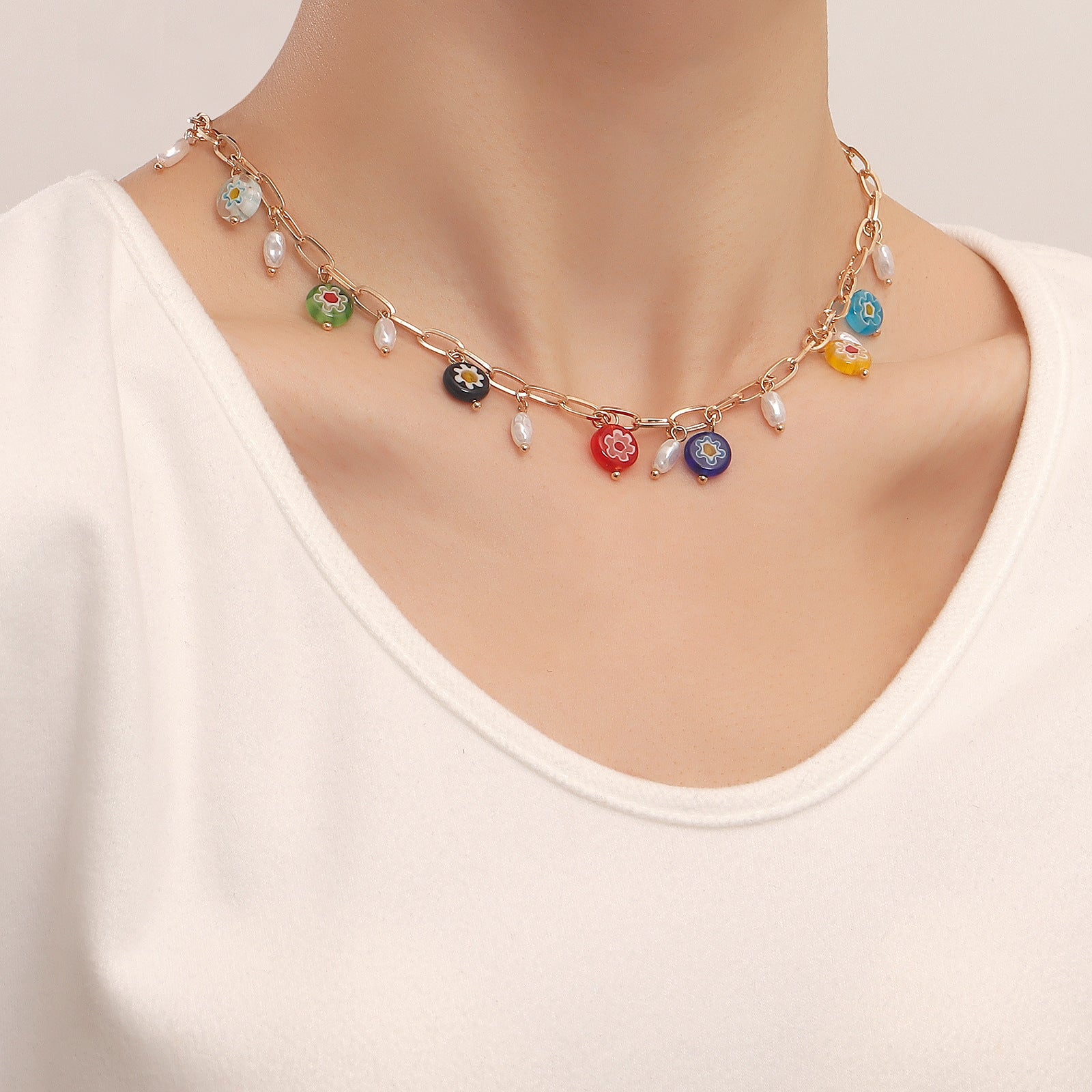 Seven-Color Chakra Necklace, Simple Circular Link Necklace, Women&