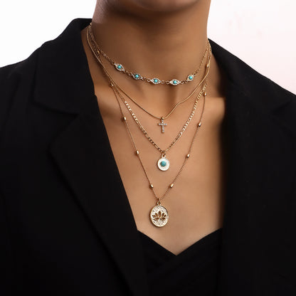 Multi-layer combination necklace, Cross pendant (Hollow lotus, Diamond cross, Turquoise devil&