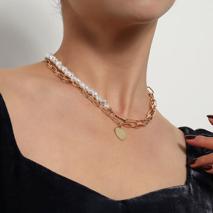 Minimalist heart pendant, pearl &amp; chain gold-plated necklace