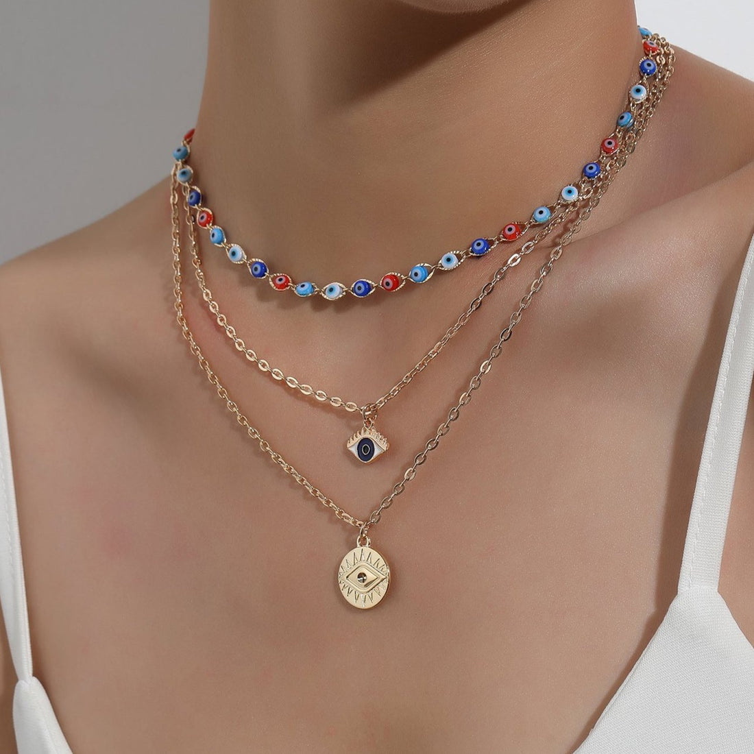 3 in 1 set evil eye pendant necklace for women, thin gold-plated chain with 3 different evil eye designs