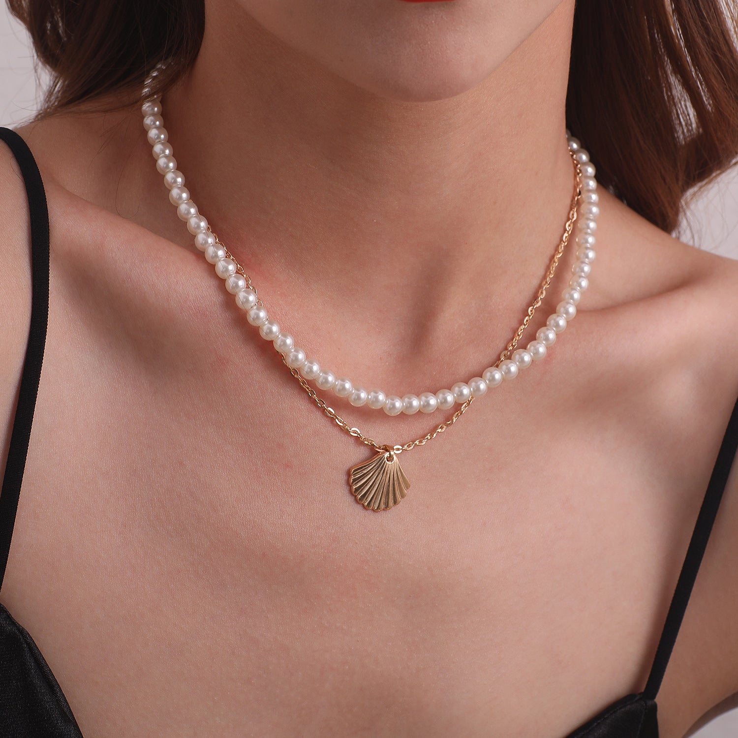 Pearl Necklace with Gold Plated Shell Pendant Set 2 In 1 Set