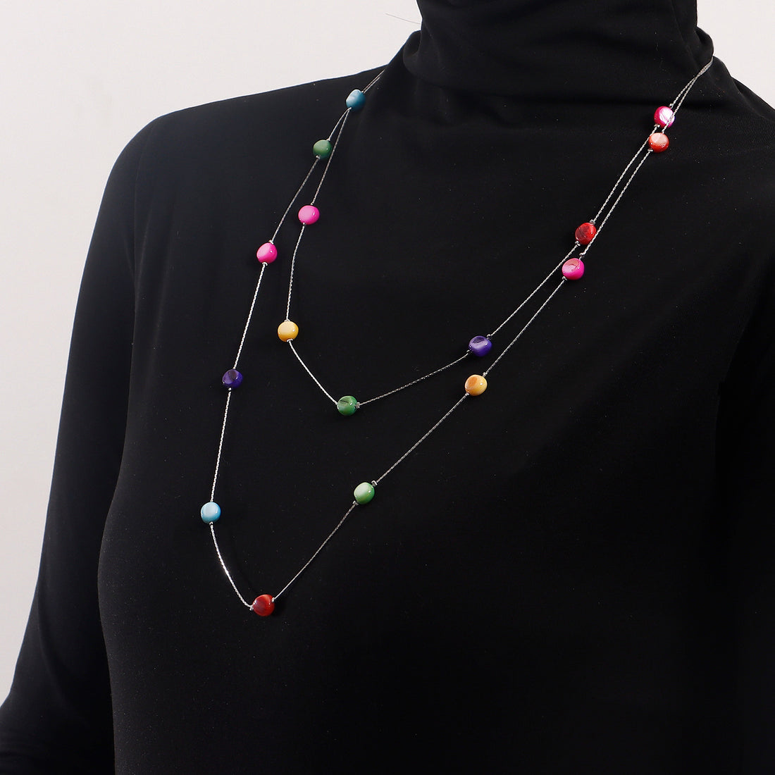 Colorful chakra necklace, metal double chain, colorful zircon necklace for women