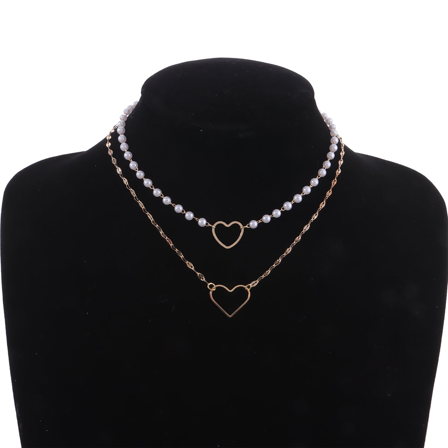 Love heart necklace double chain, pearl style with necklace