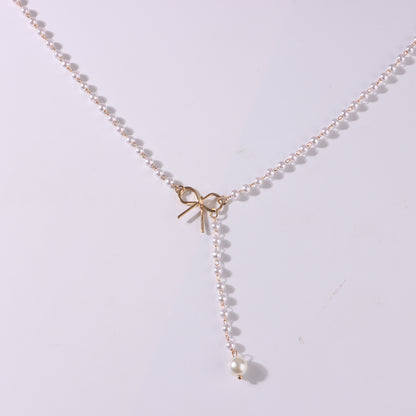 Gold-plated bow, pearl necklace, simple and stylish necklace