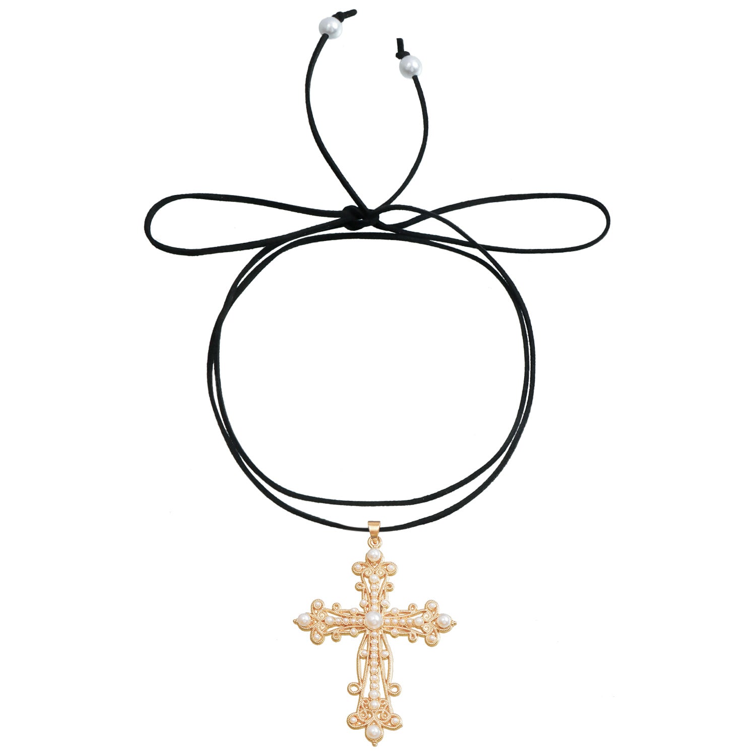 Baroque style inlaid pearl cross pendant, exaggerated cross adjustable rope pendant