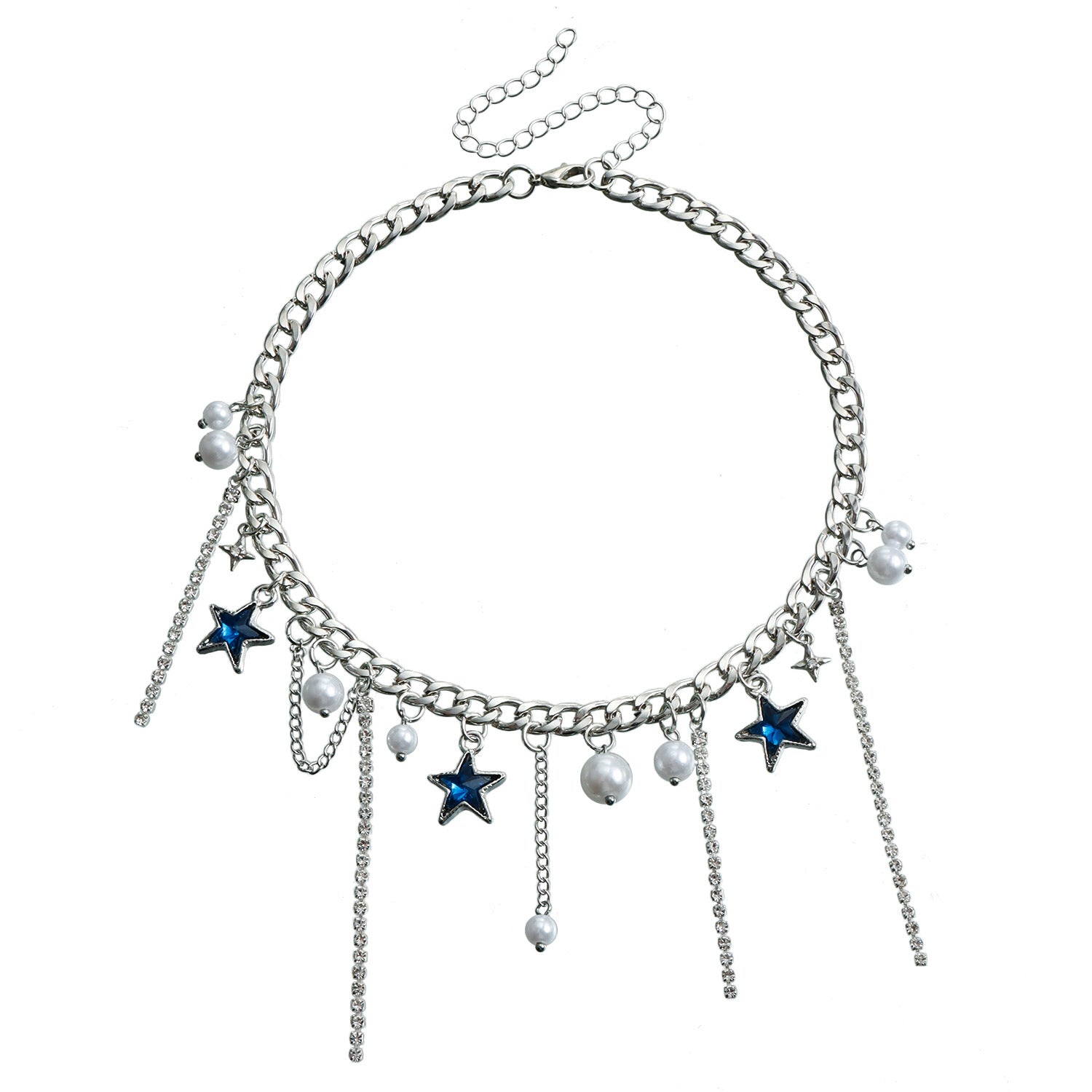 Blue rhinestone star tassel necklace for women, unique and elegant choker/collarbone chain.