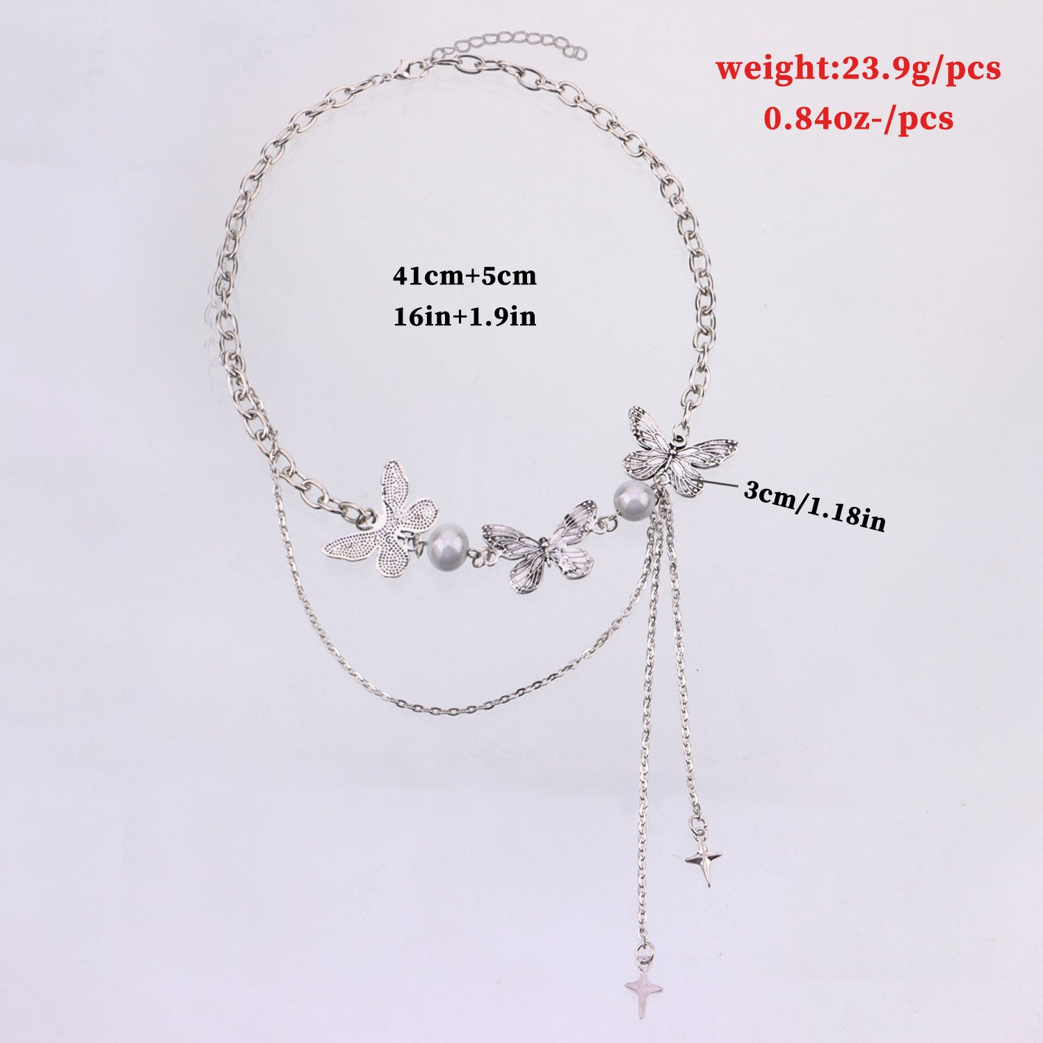 Butterfly necklace with luminous pearls and star tassel pendant