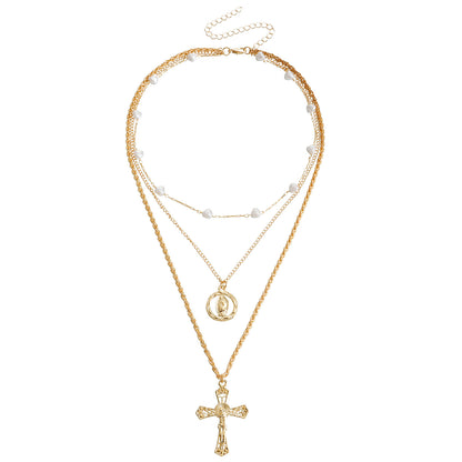 Retro cross multi-layer necklace for women Fashionable and simple versatile chain