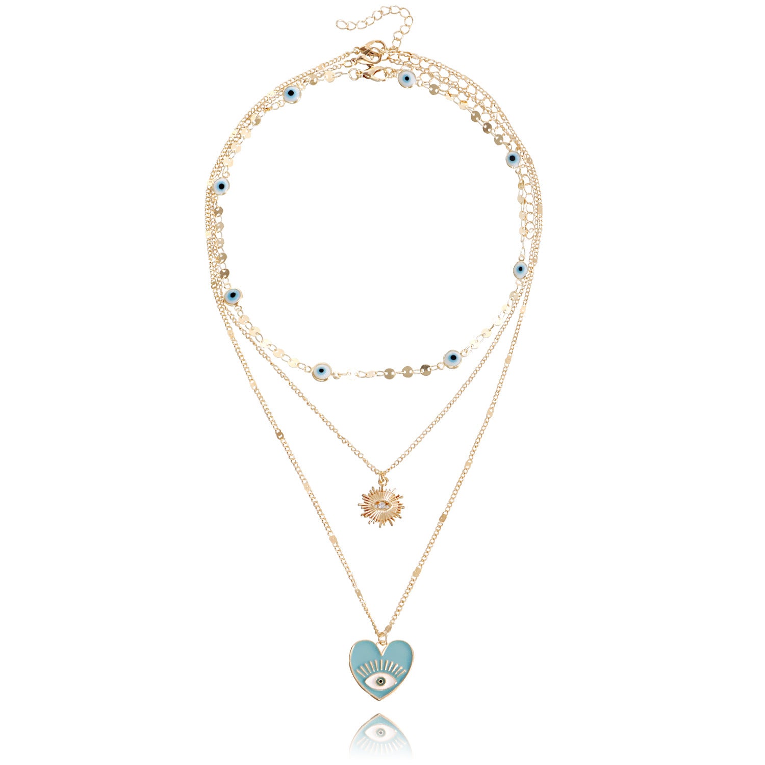 Heart Evil Eye Necklace, Multi-layer Necklace Set, featuring 3 different Evil Eye designs.