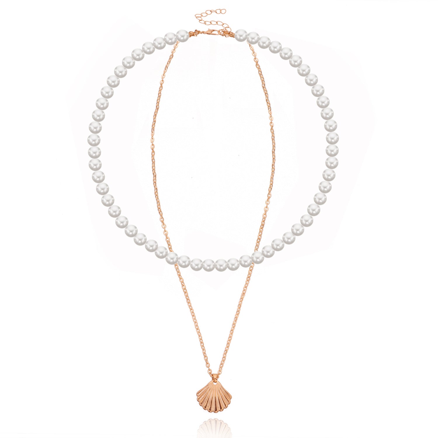 Pearl Necklace with Gold Plated Shell Pendant Set 2 In 1 Set