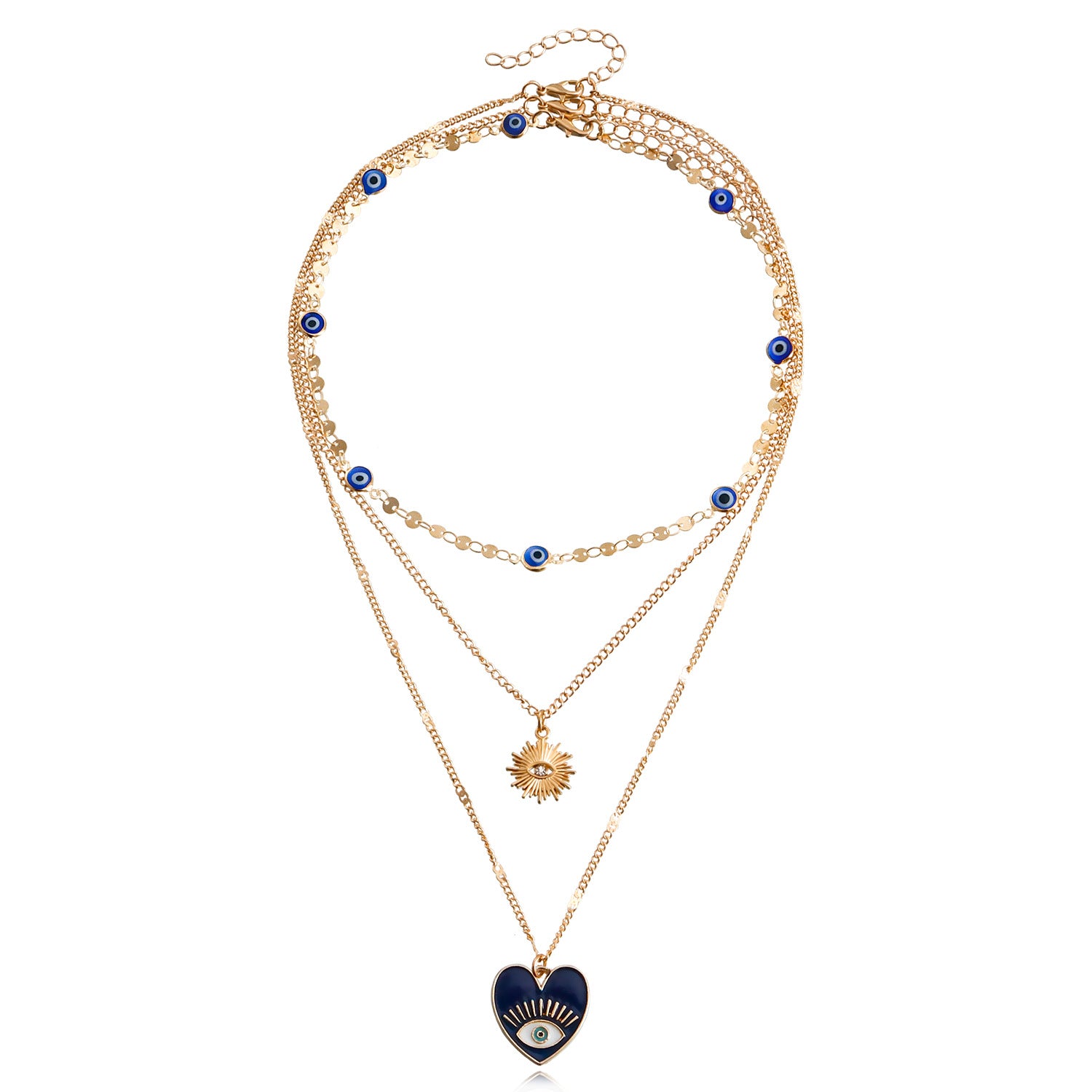 Heart Evil Eye Necklace, Multi-layer Necklace Set, featuring 3 different Evil Eye designs.