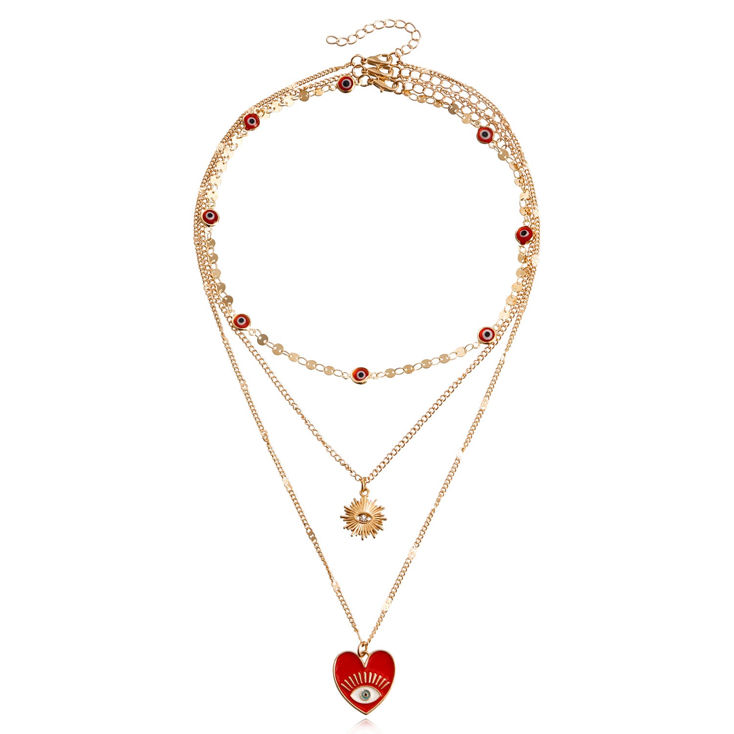 Heart Evil Eye Necklace, Multi-layer Necklace Set, featuring 3 different Evil Eye designs.