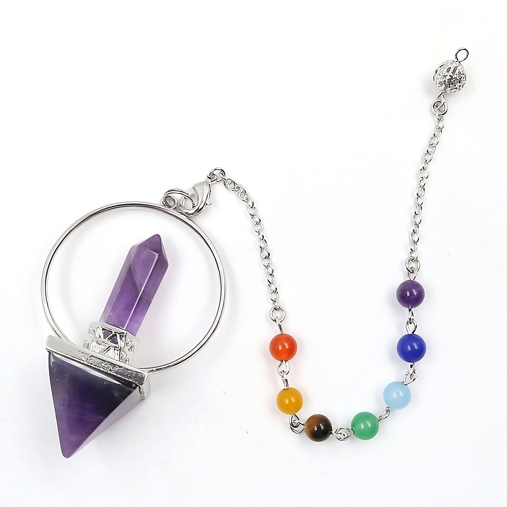 Pyramid Natural Crystal Pendulum with 7 Chakra Color Stones Pendant Chain for Energy Cleansing and Karma Healing. - KarmaLucky