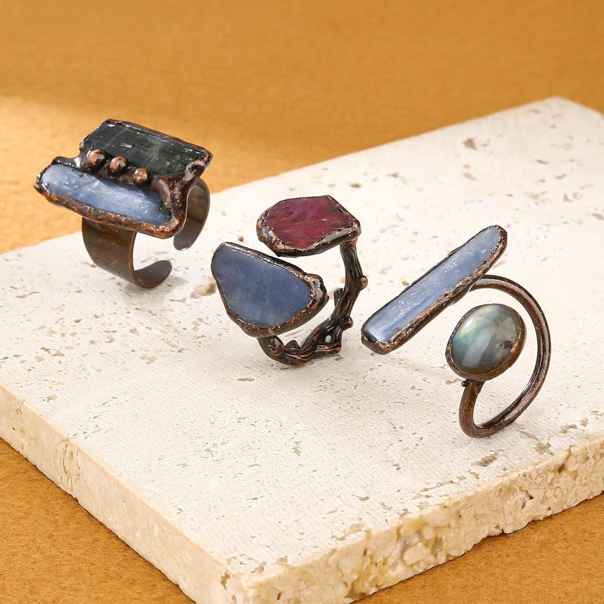 Retro Crystal Ring, Double-Headed Natural Gemstone, Handcrafted Inlaid Crystal Rough Stone Ring - KarmaLucky