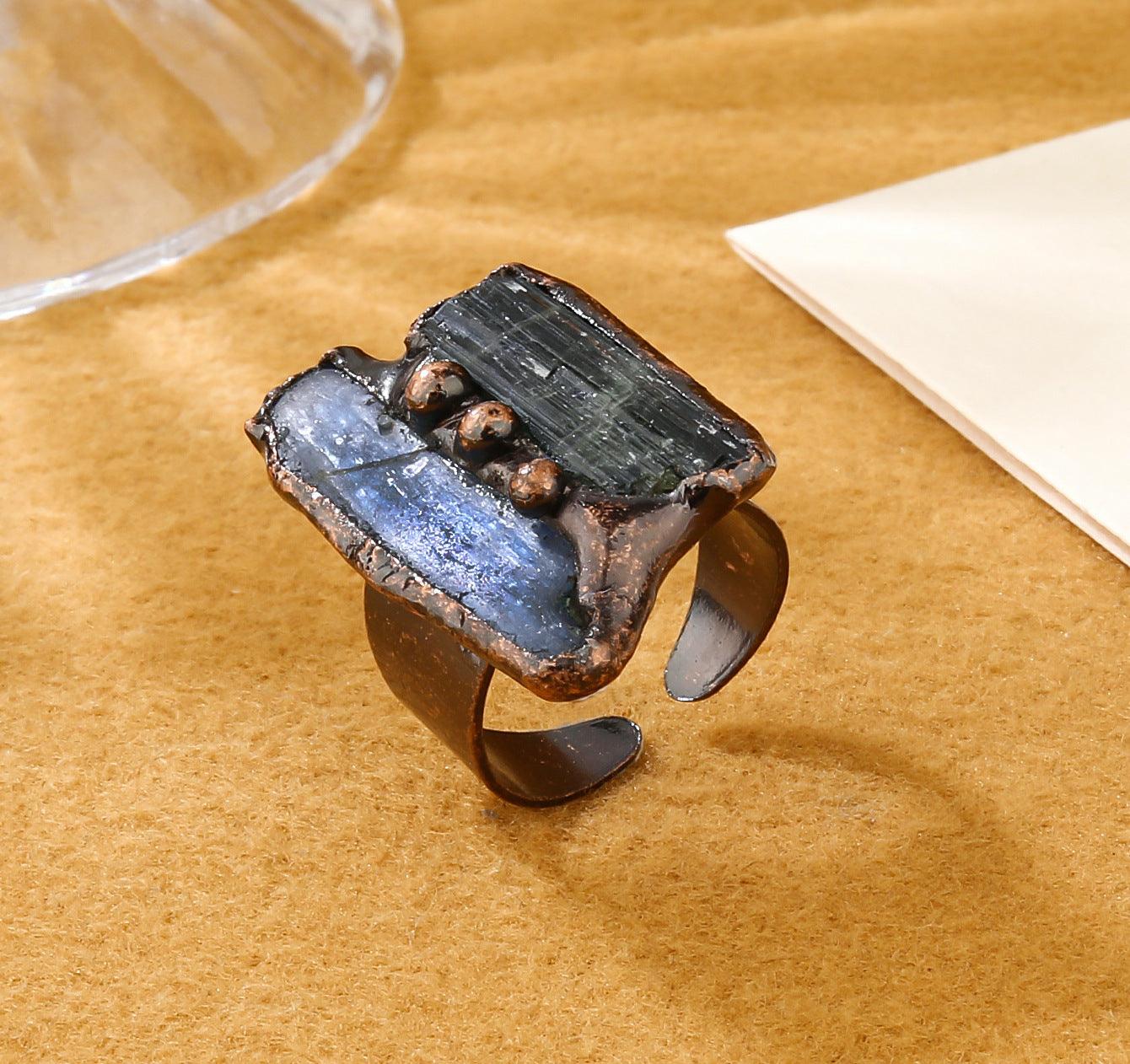 Retro Crystal Ring, Double-Headed Natural Gemstone, Handcrafted Inlaid Crystal Rough Stone Ring - KarmaLucky