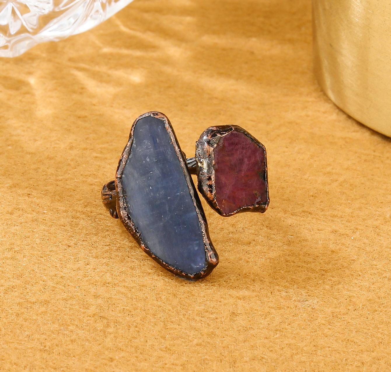 Retro Crystal Ring, Double-Headed Natural Gemstone, Handcrafted Inlaid Crystal Rough Stone Ring - KarmaLucky