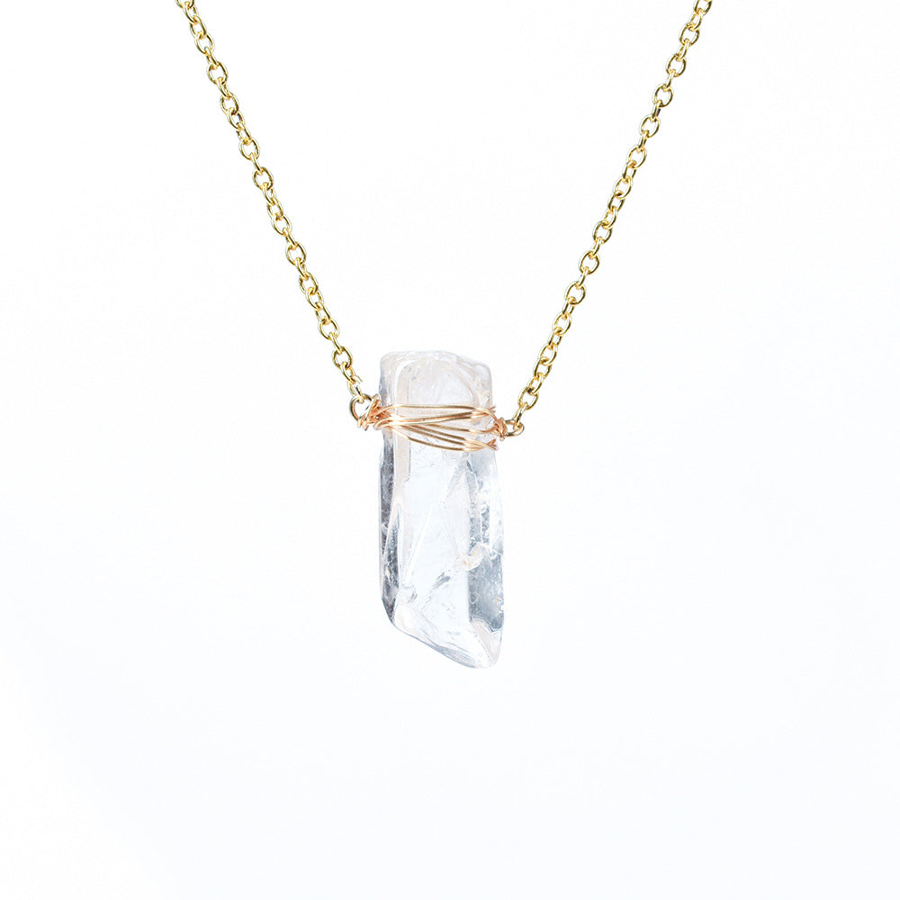 Natural White Crystal Column Pendant Wrapped Around Wire and Irregular Stone Necklace, Purifying Energy and Balancing Body and Mind.