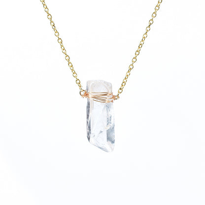 Natural White Crystal Column Pendant Wrapped Around Wire and Irregular Stone Necklace, Purifying Energy and Balancing Body and Mind.