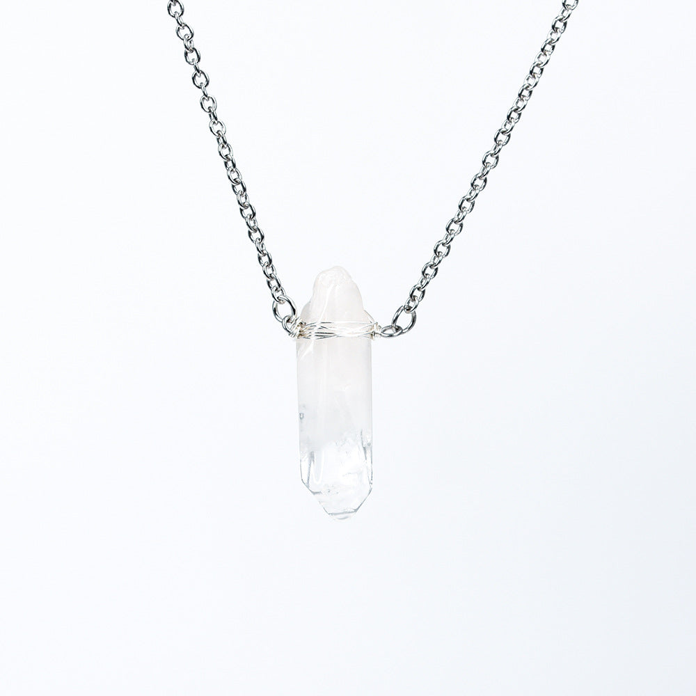 Natural White Crystal Column Pendant Wrapped Around Wire and Irregular Stone Necklace, Purifying Energy and Balancing Body and Mind.