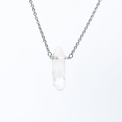 Natural White Crystal Column Pendant Wrapped Around Wire and Irregular Stone Necklace, Purifying Energy and Balancing Body and Mind.