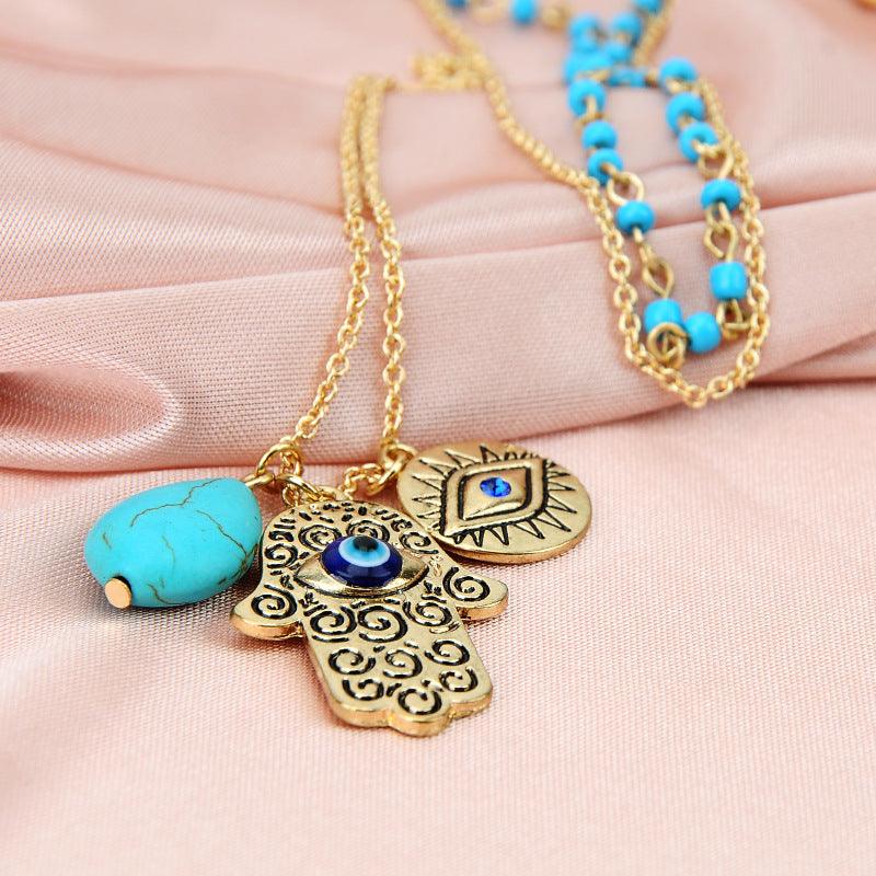 Turquoise Hamsa Evil Eye Necklace, Pendant Set - KarmaLucky