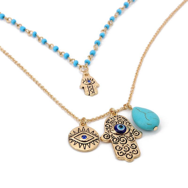 Turquoise Hamsa Evil Eye Necklace, Pendant Set - KarmaLucky